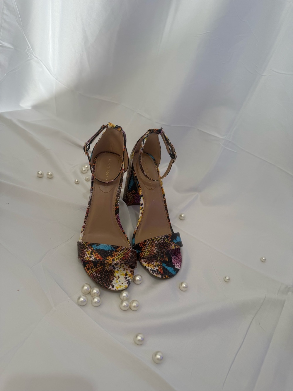 Madden Girl Multicolor Snake-Print Ankle Strap Block Heels